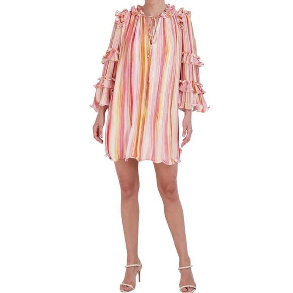 BCBGMAXAZRIA Accordion Pleated Shift Dress Ruffles Orange Multi Stripe SZ 2 NWOT - Picture 1 of 8
